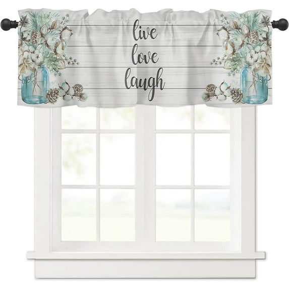 Live Love Laugh Curtain Valance, Cotton Vase Glass Jar Watercolor Wooden Vintage Farmhouse Short Rod Pocket Window Treatment for Kitchen, Bathroom, Living Room, Bedroom, 1 Panel, 54" W x 18" L