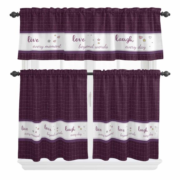 Live Love Laugh Curtain Valances Set Purple Plaid Text Love Heart Star Cute Kitchen Curtains 24 inch Length Rod Pocket Valance and Tiers 3 Piece Set Small Bedroom Bathroom Laundry Decor