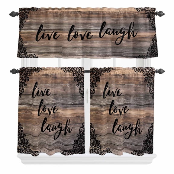 Live Love Laugh Curtain Valances Set Vintage Floral Texture Brown Black Wood Grain Kitchen Curtains 24 inch Length Rod Pocket Valance and Tiers 3 Piece Set Small Bedroom Bathroom Laundry Decor