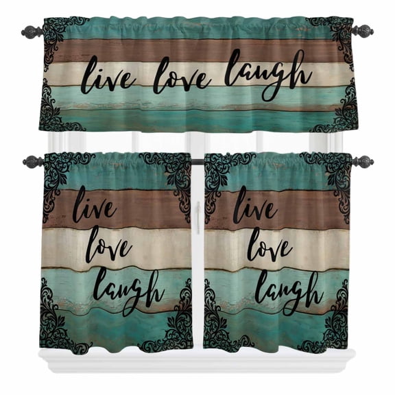 Live Love Laugh Curtain Valances Set Vintage Floral Texture Brown Teal Wood Grain Kitchen Curtains 24 inch Length Rod Pocket Valance and Tiers 3 Piece Set Small Bedroom Bathroom Laundry Decor