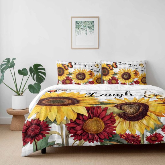 Live Love Laugh Farm Sunflowers California King Size Bed Set,Country Plant Butterfly Bedding for All Seasons,4 Pcs Bed Set with 1 Quiltcover (96"x104"),1 Sheet (110"x98"),2 Pillowcases (20"x36")