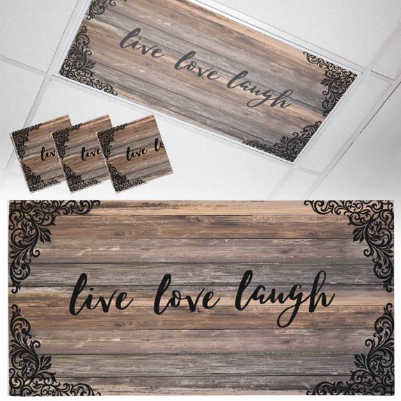 Live Love Laugh Fluorescent Light Covers Vintage Floral Texture Brown Black Wood Grain Magnetic Light Filters Ceiling Lighting Panel Shade for Classroom Office Home 2 x 4 ft, 3 Pack