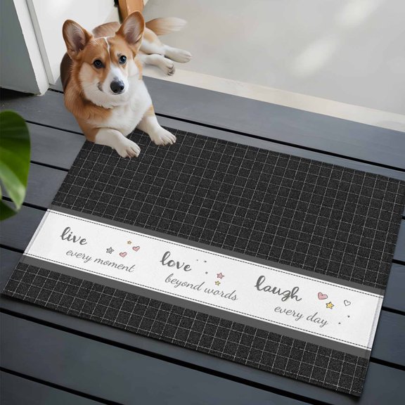 Live Love Laugh Front Door Rugs 2x3 ft Black Plaid Text Love Heart Star Cute Small Rug for Entryway Non Slip Washable Bathroom Door Mat Absorbent Floor Mat for Indoor Entrance