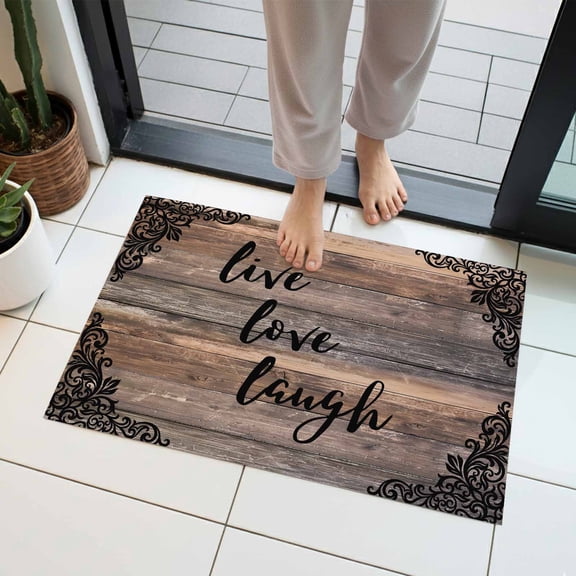 Live Love Laugh Indoor Door Mat 16x24 Inch Vintage Floral Texture Brown Black Wood Grain Front Door Mat Non Slip Washable Entryway Rug Low Profile Dirt Trapper Doormat for Bathroom Kitchen Bedroom