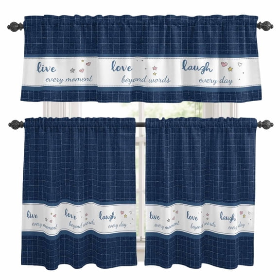 Live Love Laugh Kitchen Curtains Set for Windows, Blue Plaid Text Love Heart Star Cute Curtains Valance and Tier 3 Piece Set Small Drapes 36 Inch Length for Kitchen Bedroom Decor