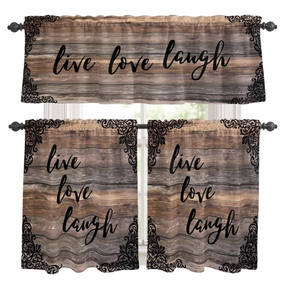 Live Love Laugh Kitchen Curtains Set for Windows, Vintage Floral Texture Brown Black Wood Grain Curtains Valance and Tier 3 Piece Set Small Drapes 24 Inch Length for Kitchen Bedroom Decor