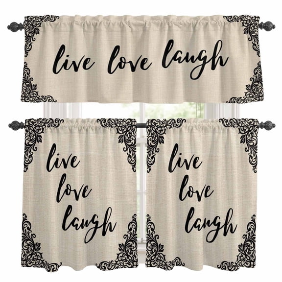 Live Love Laugh Kitchen Curtains Valance and Tier Set Retro Black Floral Texture Linen Texture Rod Pocket Short Curtains for Small Window 3 Pieces Set for Bedroom Bathroom Cafe (54" x 18"+27" x 24")