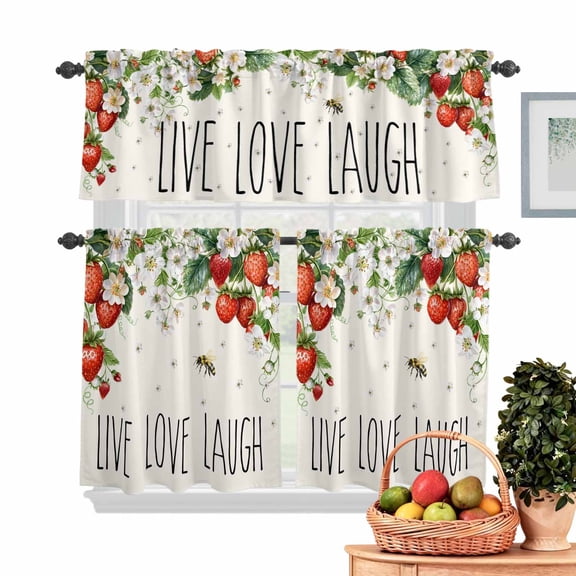 Live Love Laugh Kitchen Curtains Valances 3 Piece Set, Summer Strawberry Flower Bee Rod Pocket Tier Curtain and Valance Drapes for Small Window 24 Inch Length for Bedroom Cafe