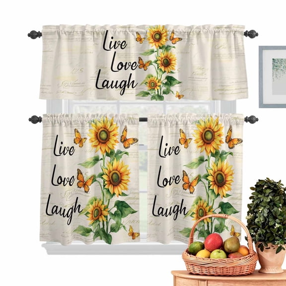 Live Love Laugh Kitchen Curtains Valances 3 Piece Set, Sunflower Butterfly Rod Pocket Tier Curtain and Valance Drapes for Small Window 24 Inch Length for Bedroom Cafe