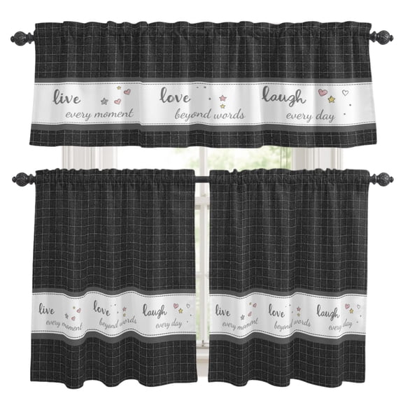 Live Love Laugh Kitchen Curtains and Valances Set, Black Plaid Text Love Heart Star Cute 3 Piece Curtains Valances and Tiers Set Rod Pocket for Kitchen Bathroom Windows 36 Inch