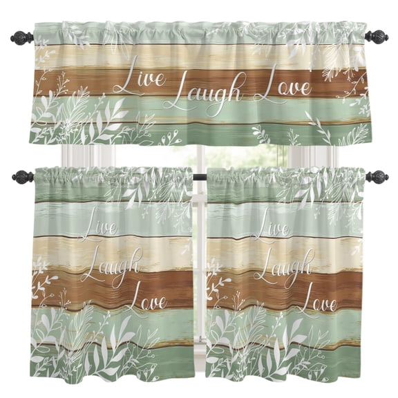 Live Love Laugh Kitchen Curtains and Valances Set, Rustic Floral Leaf Brown Green Planks Wood Grain Rod Pocket Window Valance Window Curtain Panels for Living Room Bedroom, 27.5x36in, 3 Pieces