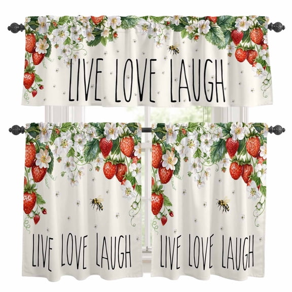 Live Love Laugh Kitchen Curtains and Valances Set, Summer Strawberry Flower Bee 3 Piece Curtains Valances and Tiers Set Rod Pocket for Kitchen Bathroom Windows 24 Inch