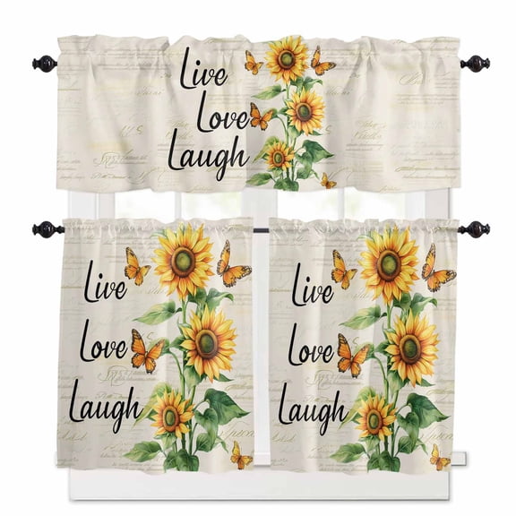 Live Love Laugh Kitchen Curtains and Valances Set, Sunflower Butterfly Rustic Watercolor Floral Rod Pocket Window Valance Window Curtain Panels for Living Room Bedroom Laundry, 27.5x24in, 3 Pieces