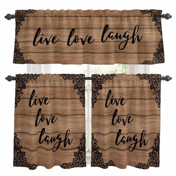 Live Love Laugh Kitchen Curtains and Valances Set, Vintage Floral Texture Brown Wood Grain 3 Piece Curtains Valances and Tiers Set Rod Pocket for Kitchen Bathroom Windows 36 Inch