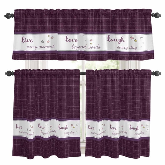 Live Love Laugh Kitchen Curtains Valances and Tiers Set of 3 Purple Plaid Text Love Heart Star Cute Tier Curtains and Valance with Rod Pocket for Small Windows, 27.5"x24"