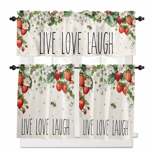 Live Love Laugh Kitchen Curtains Valances and Tiers Set of 3 Summer Strawberry Flower Bee Tier Curtains and Valance for Kitchen Bathroom Small Windows 27.5"W x 36"L (Pack of 3)