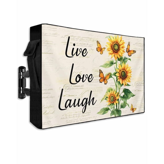 Live Love Laugh Outdoor TV Cover 30 to 32 inch Sunflower Butterfly Rustic Watercolor Floral Waterproof Dustproof TV Covers for Outside with Zipper Remote Control Pocket Flat Screen Protectors