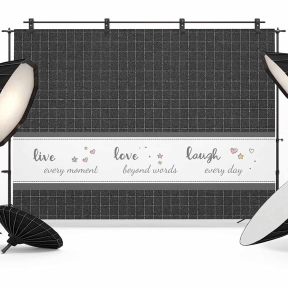 Live Love Laugh Photography Backdrop 10x8FT, Black Plaid Text Love Heart Star Cute Photo Backdrops, Background for Photography Studio Photo Studio Background, Back Drop for Photoshoot