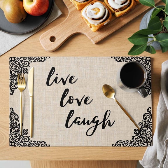 Live Love Laugh Placemats Set of 1, Retro Black Floral Texture Linen Texture Heat Insulated Linen Place Mats, Washable Stain-Proof Table Mats for Dining Tables Holiday Decor 13x19 Inches