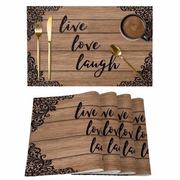 Live Love Laugh Placemats Set of 1, Vintage Floral Texture Brown Black Wood Grain Non-Slip Place Mats Washable Table Mats for Kitchen Dining Table Decorations Indoor/Outdoor