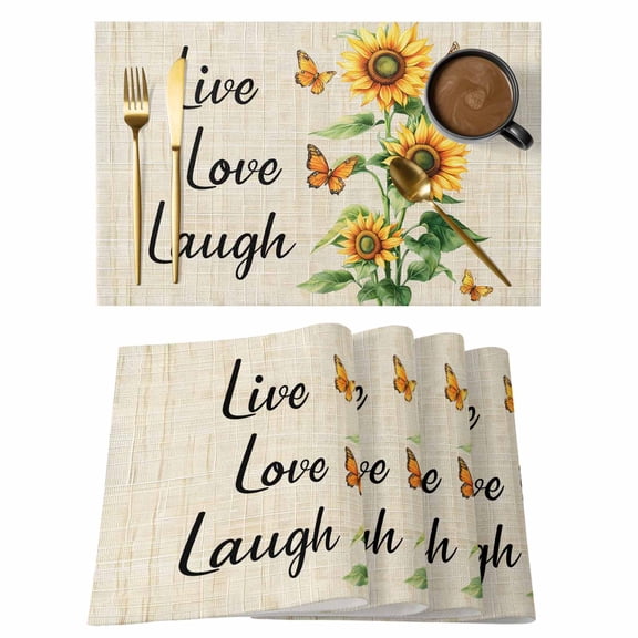 Live Love Laugh Placemats Set of 1, Sunflower Butterfly Non-Slip Place Mats Washable Table Mats for Kitchen Dining Table Decorations Indoor/Outdoor
