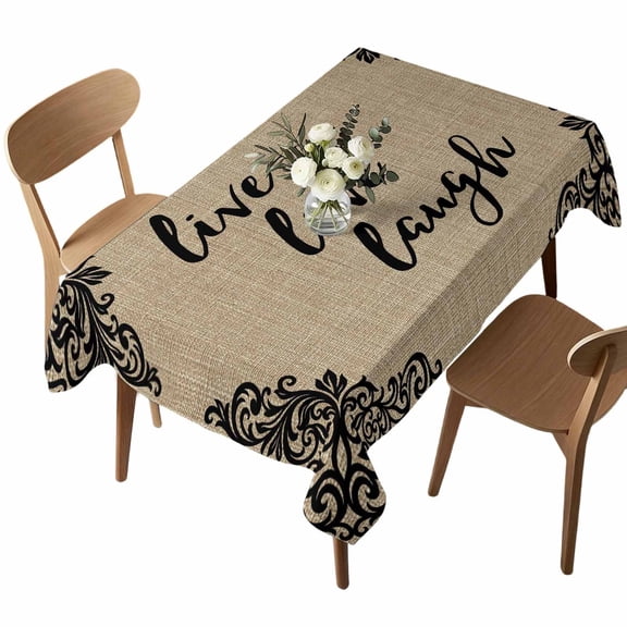 Live Love Laugh Rectangle Tablecloth Retro Black Floral Texture Brown Linen Texture Waterproof Wrinkle Free Soft Table Cloth Spill-Proof Washable Table Cover for Dining Party Picnic 52 x 70 Inch