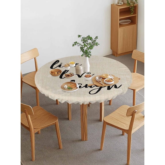 Live Love Laugh Round Fitted Tablecloth with Elastic Edge, Retro Black Floral Texture Linen Texture Waterproof Stretch Table Covers for 36"-44" Tables Wipeable Table Cloth for Outdoor