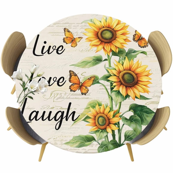 Live Love Laugh Round Fitted Tablecloth with Elastic Edge, Sunflower Butterfly Stretch Table Covers for 55"-60" Tables Wipeable Table Cloth for Outdoor
