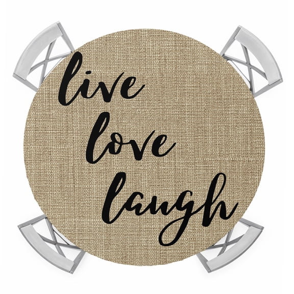 Live Love Laugh Round Table Cover, Retro Black Floral Texture Brown Linen Texture Waterproof Fitted Tablecloths for 36"-44" Tables, Washable Picnic Table Cover for Camping Dining Indoor Outdoor