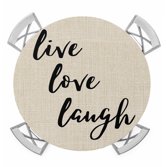 Live Love Laugh Round Table Cover, Retro Black Floral Texture Linen Texture Waterproof Fitted Tablecloths for 36"-44" Tables, Washable Picnic Table Cover for Camping Dining Indoor Outdoor
