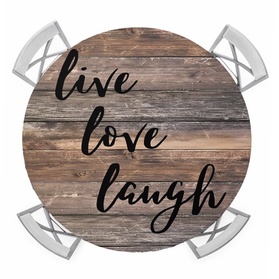 Live Love Laugh Round Table Cover, Vintage Floral Texture Brown Black Wood Grain Waterproof Fitted Tablecloths for 36"-44" Tables, Washable Picnic Table Cover for Camping Dining Indoor Outdoor
