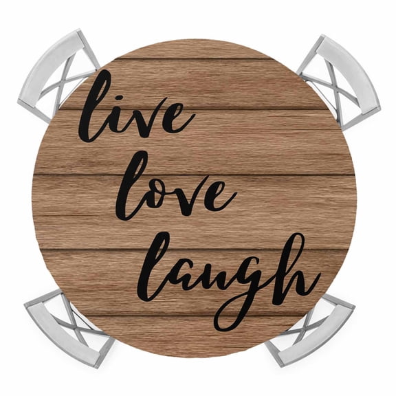 Live Love Laugh Round Table Cover, Vintage Floral Texture Brown Wood Grain Waterproof Fitted Tablecloths for 36"-44" Tables, Washable Picnic Table Cover for Camping Dining Indoor Outdoor