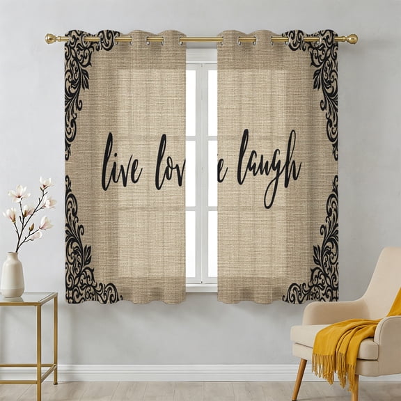 Live Love Laugh Sheer Curtains 39 Inch Long 2 Panels, Retro Black Floral Texture Brown Linen Texture Light Filtering Semi Sheer Drapes Grommet Voile Window Curtain for Living Bedroom W27.9 x L39
