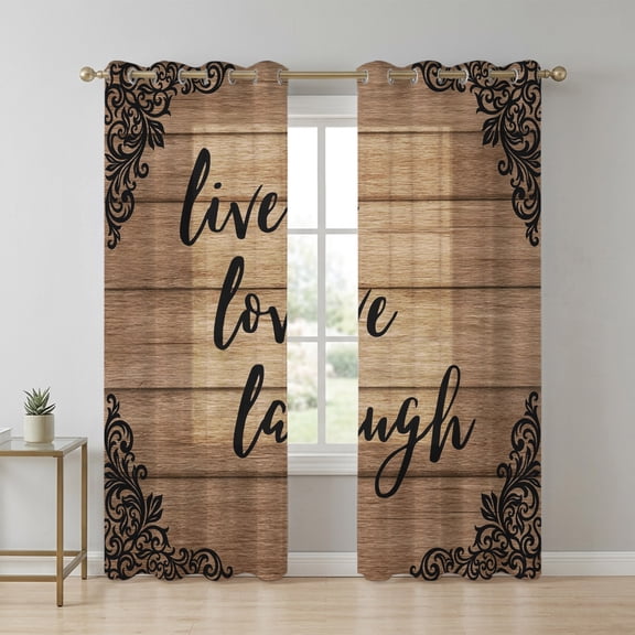 Live Love Laugh Sheer Curtains 63 Inch Long 2 Panels, Vintage Floral Texture Brown Wood Grain Light Filtering Semi Sheer Drapes Grommet Voile Window Curtain for Living Bedroom W52 x L63