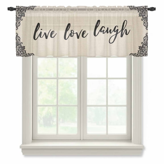 Live Love Laugh Sheer Valances for Windows, Retro Black Floral Texture Linen Texture Semi Sheer Kitchen Valance Rod Pocket Small Voile Window Curtains for Living Room Bedroom 42 x 12 Inch