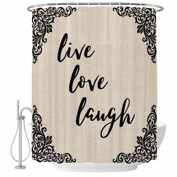 Live Love Laugh Shower Curtain Set with Hooks, Retro Black Floral Texture Linen Texture Water Repellent Shower Curtains for Bathroom Decor Sturdy Shower Curtain, Machine Washable 36x72 Inch