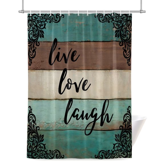 Live Love Laugh Shower Curtains for Bathroom, Vintage Floral Texture Brown Teal Wood Grain Waterproof Fabric Shower Curtain for Bathroom Bathtub Decoration, Machine Washable 48"x72"