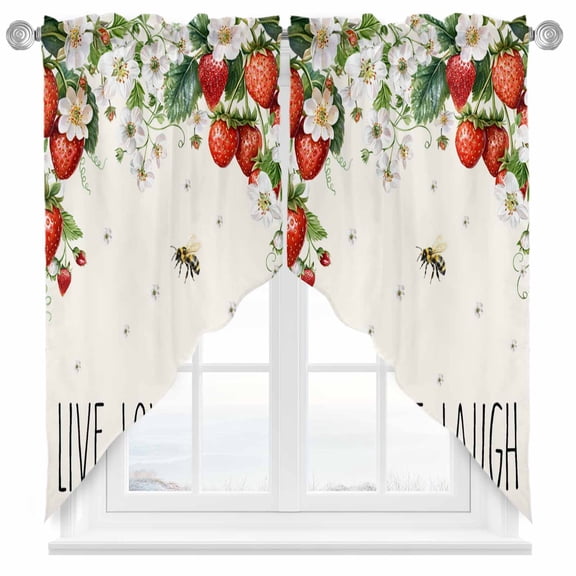 Live Love Laugh Swag Kitchen Curtain Valances, Summer Strawberry Flower Bee Rod Pocket Curtains Window Treatment Decor Valances for Bedroom Bathroom, 2 Panels 28 x 36 Inch