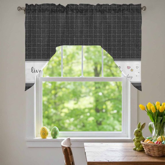 Live Love Laugh Swag Valances for Kitchen Window, Black Plaid Text Love Heart Star Cute Small Swag Valances Rod Pocket Curtain Drapes Window Treatment for Bedroom Bathroom, 56x36 Inch