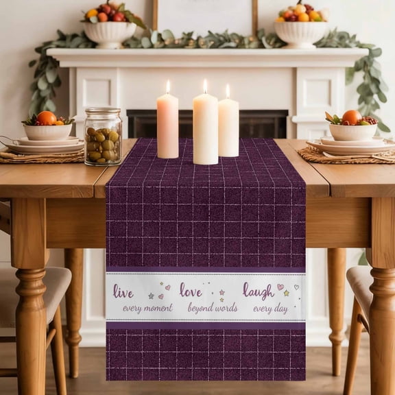 Live Love Laugh Table Runner 13x36 Inch Purple Plaid Text Love Heart Star Cute Cotton Linen Dining Table Runner Ideal for Dresser Kitchen Coffee Tables - Machine Washable