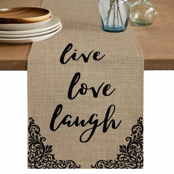 Live Love Laugh Table Runner, Retro Black Floral Texture Brown Linen Texture Cotton Linen Table Cloth, Tablerunner for Kitchen Dining Party Wedding Home Decor 13x36 Inch