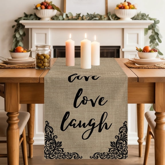Live Love Laugh Table Runner, Retro Black Floral Texture Brown Linen Texture Washable Cotton-linen Table Runners Dining Kitchen Decoration for Everyday Home Wedding Party Decor, 13 x 36 Inch