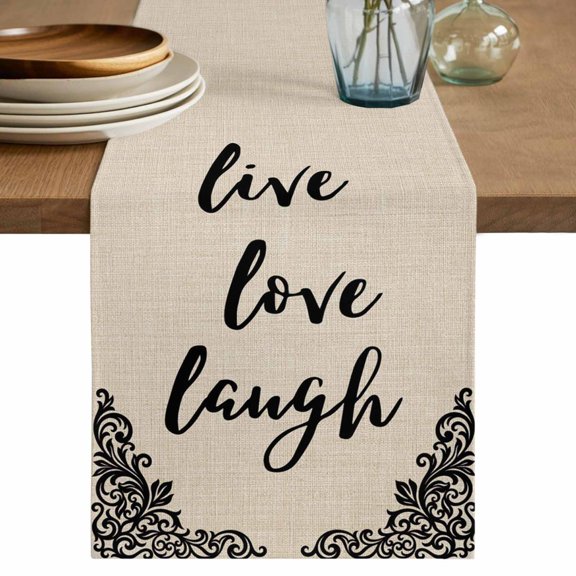 Live Love Laugh Table Runner, Retro Black Floral Texture Linen Texture Cotton Linen Table Cloth, Tablerunner for Kitchen Dining Party Wedding Home Decor 13x36 Inch