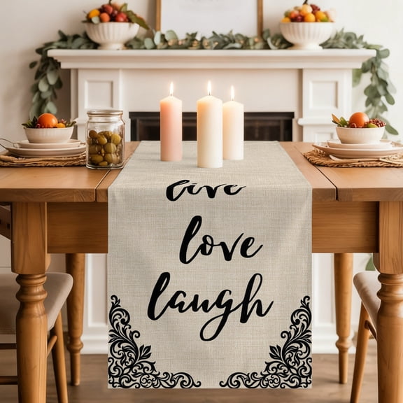 Live Love Laugh Table Runner, Retro Black Floral Texture Linen Texture Washable Cotton-linen Table Runners Dining Kitchen Decoration for Everyday Home Wedding Party Decor, 13 x 36 Inch