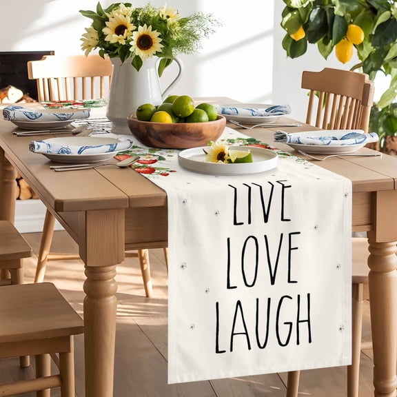 Live Love Laugh Table Runner, Summer Strawberry Flower Bee Washable Kitchen Table Runners Dress Scarves for Dining Table Decorations Party/Restaurant/Indoor Outdoor Use, 13x36in