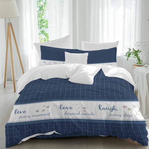 Live Love Laugh Twin Size Comforter Set, Blue Plaid Text Love Heart Star Cute Bedding for All Seasons, 4 Pcs Bed Set, 1 Quiltcover (68"x86") ,1Sheet(67"x116"), 2Pillowcases (30"x20")
