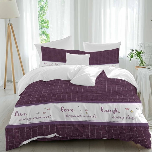 Live Love Laugh Twin Size Comforter Set, Purple Plaid Text Love Heart Star Cute Bedding for All Seasons, 4 Pcs Bed Set, 1 Quiltcover (68"x86") ,1Sheet(67"x116"), 2Pillowcases (30"x20")