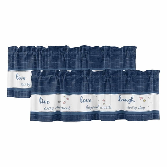 Live Love Laugh Valances for Window 2 Pack, Blue Plaid Text Love Heart Star Cute Rod Pocket Curtains Valances Light Filtering Short Curtains for Kitchen Bedroom Bathroom 42 x 12 Inch