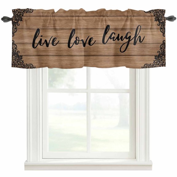 Live Love Laugh Valances for Windows Vintage Floral Texture Brown Wood Grain Rod Pocket Curtain Valance Window Treatment Short Curtains for Kitchen Living Room, 42"x18"