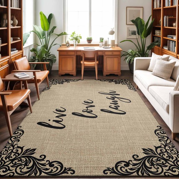 Live Love Laugh Washable Area Rug 9 x 12 ft Retro Black Floral Texture Brown Linen Texture, Soft Non Slip Rugs Stain Repellent Indoor Felt Carpet for Living Dining Room Bedroom Home Office